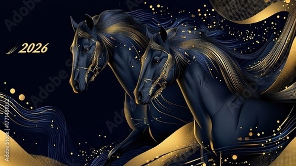 Fototapeta Golden black horse abstract art with metallic waves