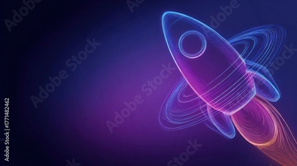 Fototapeta Digital rocket with neon effects against dark background futuristic concept