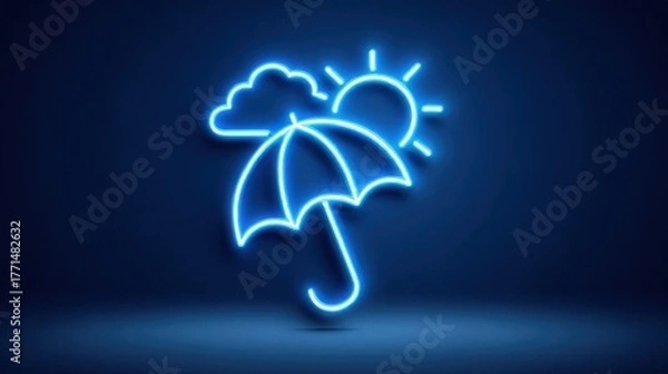 Obraz Neon weather icon umbrella sun and cloud on dark blue background
