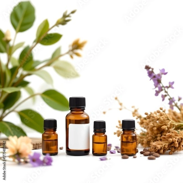 Fototapeta An arrangement of essential oil bottles surrounded by fresh leaves and flowers, creating a natural and calming scene.