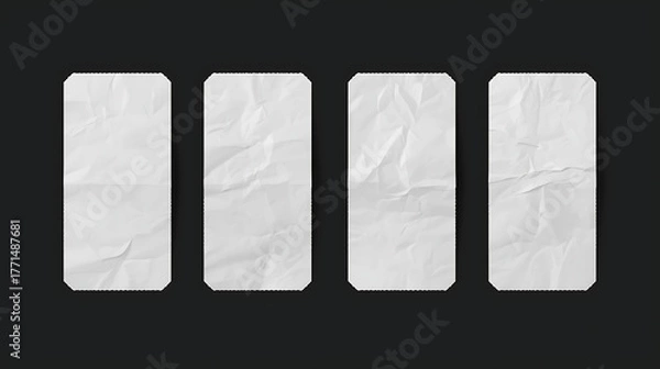 Fototapeta A set of four blank white rectangular paper stickers with realistic textures is presented against a solid black background. Each sticker features unique folds, rounded corners.
