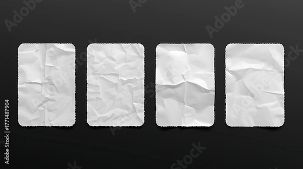 Fototapeta A set of four blank white rectangular paper stickers with realistic textures is presented against a solid black background. Each sticker features unique folds, rounded corners.