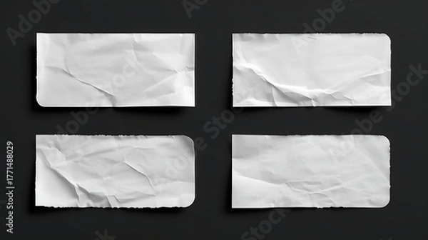 Fototapeta A set of four blank white rectangular paper stickers with realistic textures is presented against a solid black background. Each sticker features unique folds, rounded corners.