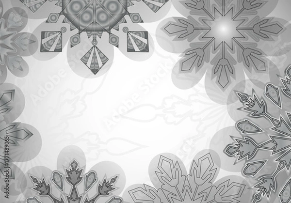 Fototapeta Stylish silver snowflake frame on a soft white background, perfect for winter holidays, Christmas cards, seasonal invitations, and festive design projects.