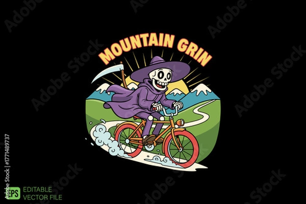 Obraz Mountain Grin Skeleton Riding Bicycle with Scythe.
