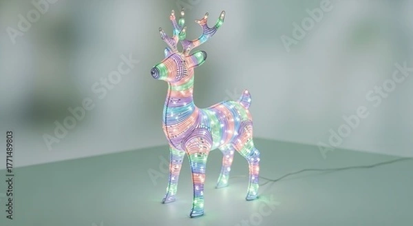 Fototapeta A colorful illuminated reindeer figurine with LED lights. Modern Christmas holiday decoration. Festive seasonal object on a pastel green background
