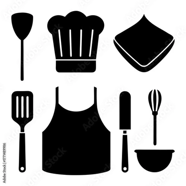 Obraz Cooking icon set — chef hat, spatula, apron, and recipe on white background.