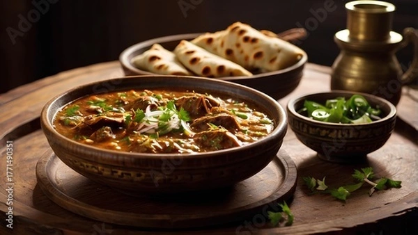 Fototapeta “A delicious plate of Pakistani nihari served in a traditional bowl, topped with sliced ginger, green chilies, and fresh coriander. Beside it, warm tandoori naan on a wooden platter, with steam rising