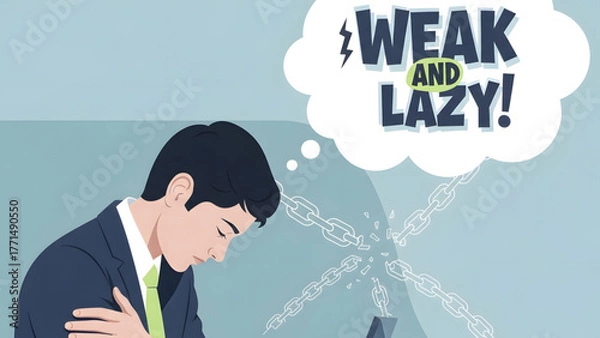 Fototapeta Mental Health Stigma   Feeling Weak and Lazy Workplace concept  Corporate Mental Health - Stigmatized Employee Chained by Self-Doubt