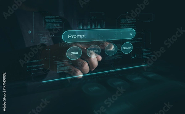 Fototapeta Businessman writing a prompt on a futuristic virtual screen to command a generative AI tool