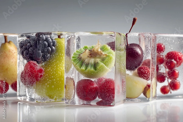 Obraz 透明な氷の塊の中に凍った様々な果物