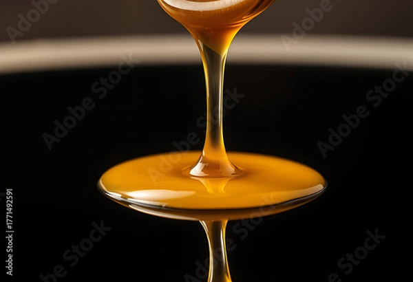 Fototapeta Closeup of golden honey dripping from a spoon against a dark background