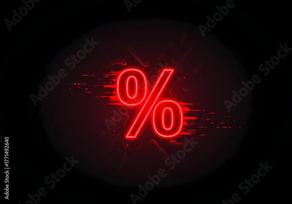 Obraz Neon red percentage symbol with motion blur on dark background  