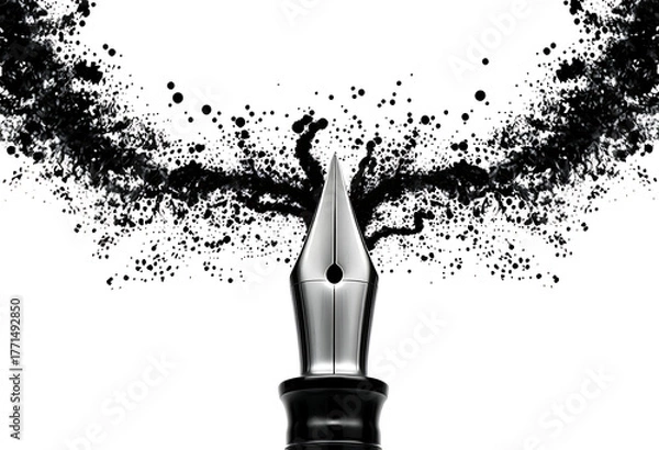 Fototapeta Closeup of a fountain pen with ink splatter isolated on white background