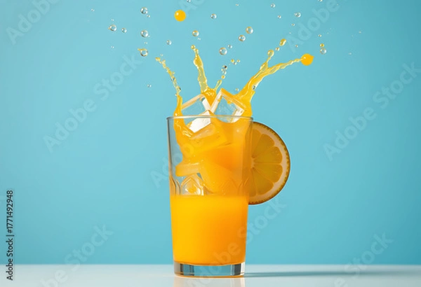 Fototapeta Orange juice splashing out of a glass with ice on a blue background