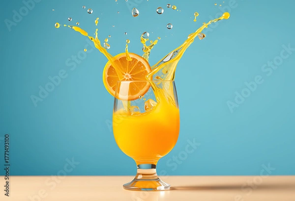 Fototapeta Refreshing orange juice splashing out of a glass on a bright blue background