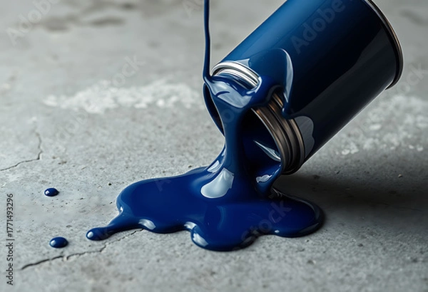 Fototapeta Blue paint spilling from a can onto a gray concrete surface in studio
