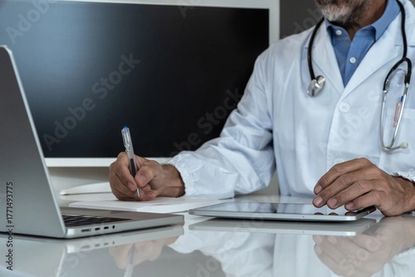 Fototapeta Dedicated doctor in a clinic setting, working with a tablet and laptop, symbolizing modern medical practice