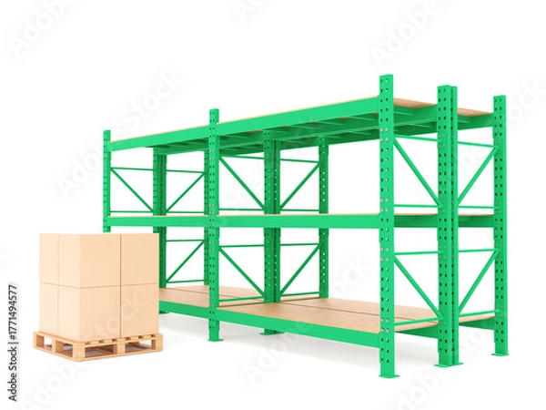 Obraz Heavy-duty industrial shelving racks. Steel storage system designed for logistics and inventory management. 3D rendering.