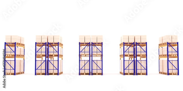 Obraz Industrial warehouse racking system with stacked pallet boxes on heavy-duty steel shelves in a logistics storage facility. 3D rendering