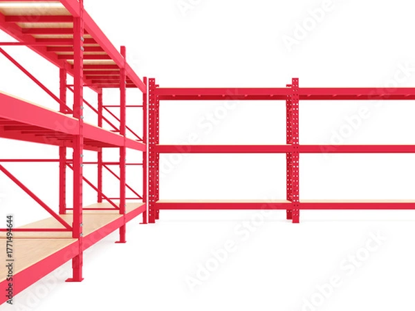 Obraz Red Heavy-duty industrial shelving racks with wooden shelves inside a warehouse. Steel storage system designed for logistics and inventory management. 3D rendering.