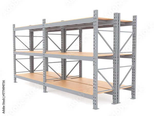 Obraz Heavy-duty industrial shelving racks with wooden shelves inside a warehouse. Steel storage system designed for logistics and inventory management. 3D rendering.
