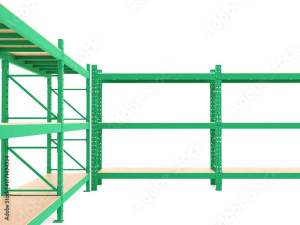 Obraz Industrial shelving racks with wooden shelves inside a warehouse. Steel storage system designed for logistics and inventory management. 3D rendering.