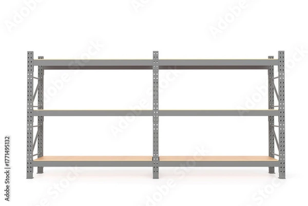 Obraz Front view Industrial shelving racks with wooden shelves inside a warehouse. Steel storage system designed for logistics and inventory management. 3D rendering.