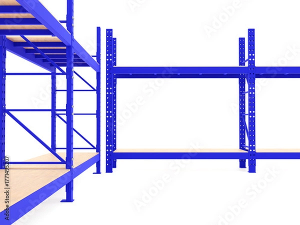 Obraz Industrial shelving racks with wooden shelves inside a warehouse. Steel storage system designed for logistics and inventory management. 3D rendering.