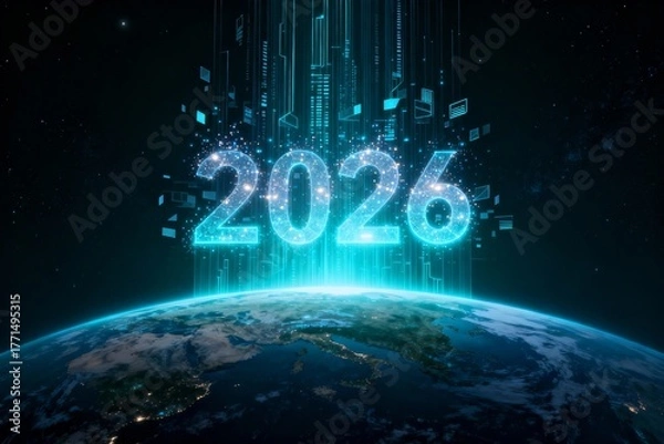 Fototapeta Holographic 2026 projection glowing above planet Earth in space, semi-transparent digital particles and geometric lines rising symmetrically, futuristic high-tech sci-fi atmosphere, blue gradient ligh