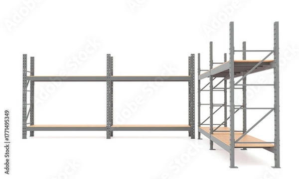 Fototapeta Heavy-duty industrial shelving racks with wooden shelves inside a warehouse. Steel storage system designed for logistics and inventory management. 3D rendering.