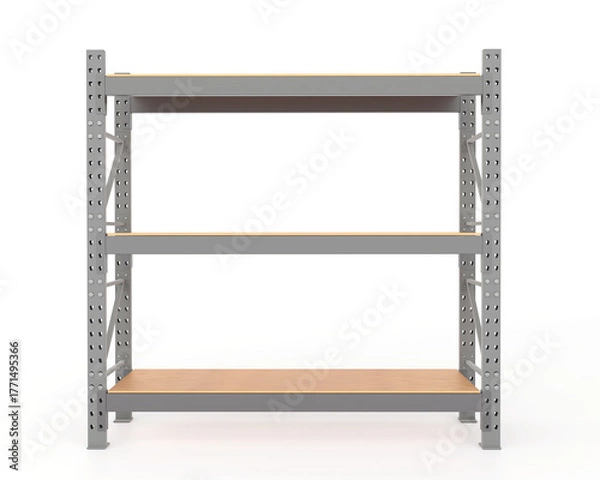Obraz Front view Industrial shelving racks with wooden shelves inside a warehouse. Steel storage system designed for logistics and inventory management. 3D rendering.