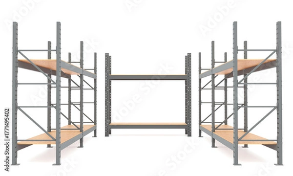 Obraz Heavy-duty industrial shelving racks with wooden shelves inside a warehouse. Steel storage system designed for logistics and inventory management. 3D rendering.