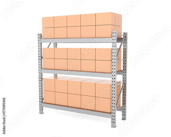 Fototapeta Industrial warehouse racking system with stacked pallet boxes on heavy-duty steel shelves in a logistics storage facility. 3D rendering