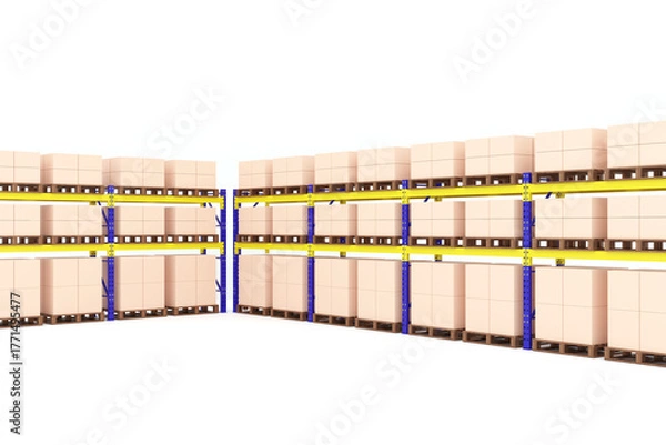 Obraz Industrial warehouse racking system with stacked pallet boxes on heavy-duty steel shelves in a logistics storage facility. 3D rendering