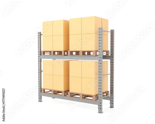 Obraz Industrial warehouse racking system with stacked pallet boxes on heavy-duty steel shelves in a logistics storage facility. 3D rendering