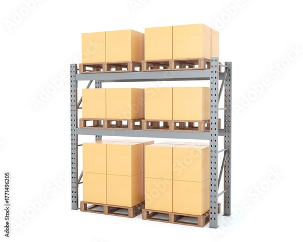 Fototapeta Industrial warehouse racking system with stacked pallet boxes on heavy-duty steel shelves in a logistics storage facility. 3D rendering