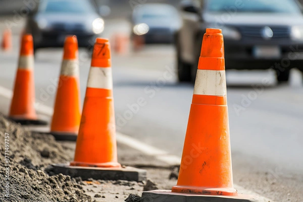 Fototapeta Safety cones guide traffic flow around a road construction site. The bright orange cones and reflective stripes increase visibility for drivers. Construction zone ahead. Drive safely.