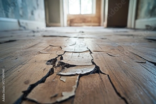 Fototapeta Dilapidated hardwood flooring with cracked and peeling surface after water damage