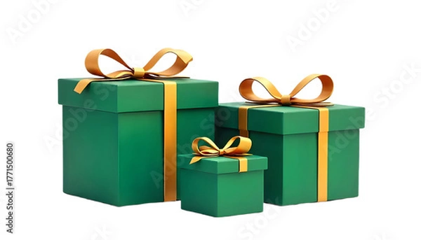 Obraz "Green gift boxes with ribbon bow, isolated on a transparent background."
