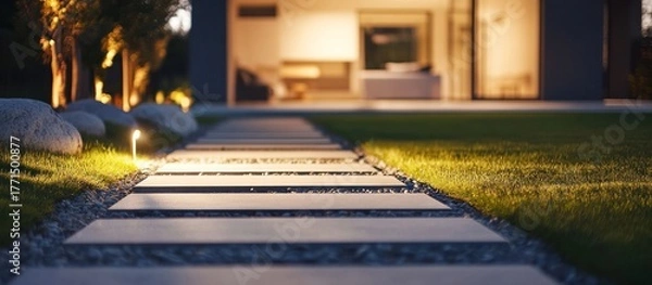 Fototapeta Serene evening at a modern house, Illuminated path to elegant living