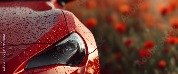 Fototapeta Close-up of a red car headlight with water droplets glistening under soft sunlight, parked beside a blooming poppy field in countryside, capturing the contrast between sleek design and natural beauty