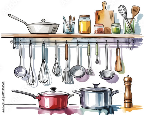 Fototapeta Watercolor illustration of a well stocked kitchen shelf with hanging utensils and pots