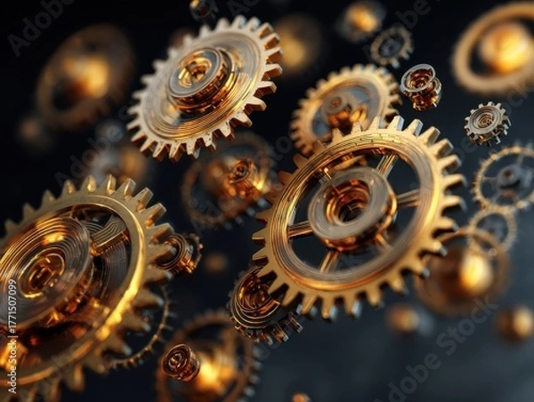 Fototapeta Close-Up Golden Gears in Motion Dynamic Abstract Background with Interconnected Mechanical Cogs and Bokeh Effect