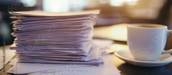 Fototapeta Overwhelmed by Paperwork, A Stack of Documents and Coffee Break