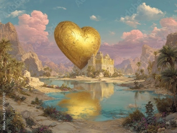 Fototapeta Surreal Digital Painting of a Large Golden Heart Floating Above a Reflective Lake with Desert Oasis and Mountains