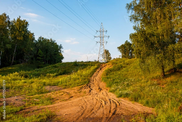 Fototapeta A winding dirt path ascends a grassy hill towards a towering electricity pylon under a bright summer sky. Lush greenery borders the rustic route