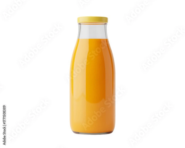 Fototapeta Glass bottle filled with bright orange juice or beverage isolated on black background
