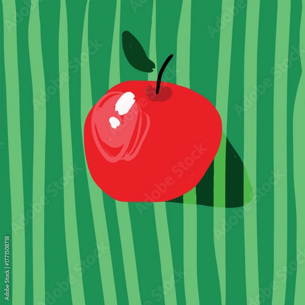 Obraz A stylized illustration of a red apple on a background of vertical green stripes. Bright, minimalist design suitable for posters, packaging, backgrounds, and decorative projects.