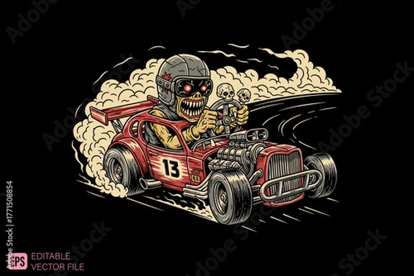 Fototapeta Skull Racer Driving Hot Rod with Smoke and Speed.
